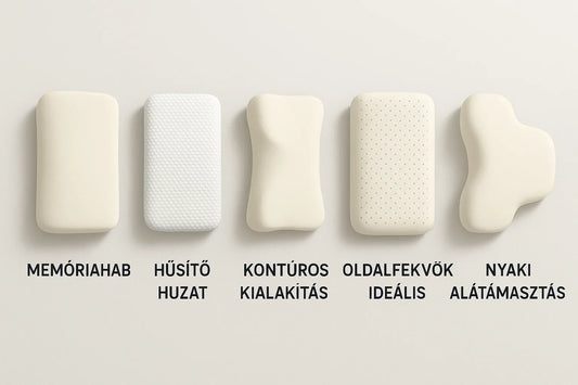 Ötféle ergonomikus alvópárna egymás mellett, összehasonlítva méret, forma és anyag alapján.