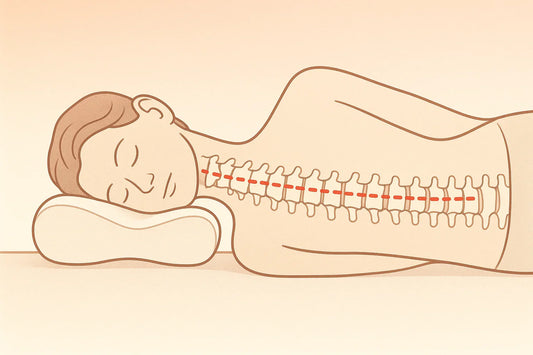 Illusztráció a gerinc megfelelő tartásáról ergonomikus párnán fekve, oldalnézetből.