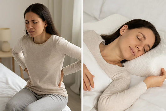 Két kép: hátfájástól szenvedő nő és ugyanaz a nő kipihenten ergonomikus párnán aludva.