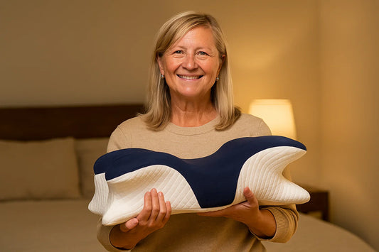 Középkorú nő Relaxa ergonomikus párnát tart a kezében, elégedett arckifejezéssel.