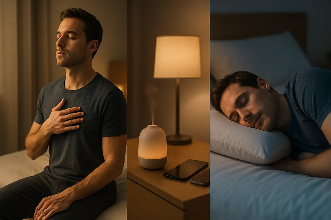 Légzőgyakorlat, esti rituálé és ergonomikus párnatámasz vizuális bemutatása mélyalvás elindításához