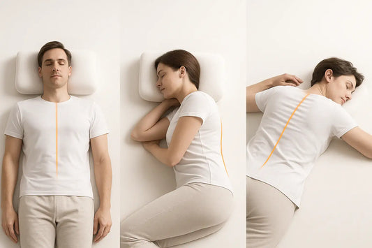 Háton, oldalt és hason alvó testhelyzetek ergonomikus párnával semleges gerinctartásban ábrázolva
