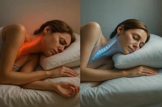 Rosszul megtámasztott alvó test és ergonomikus párnával semleges gerinctartás vizuális bemutatása