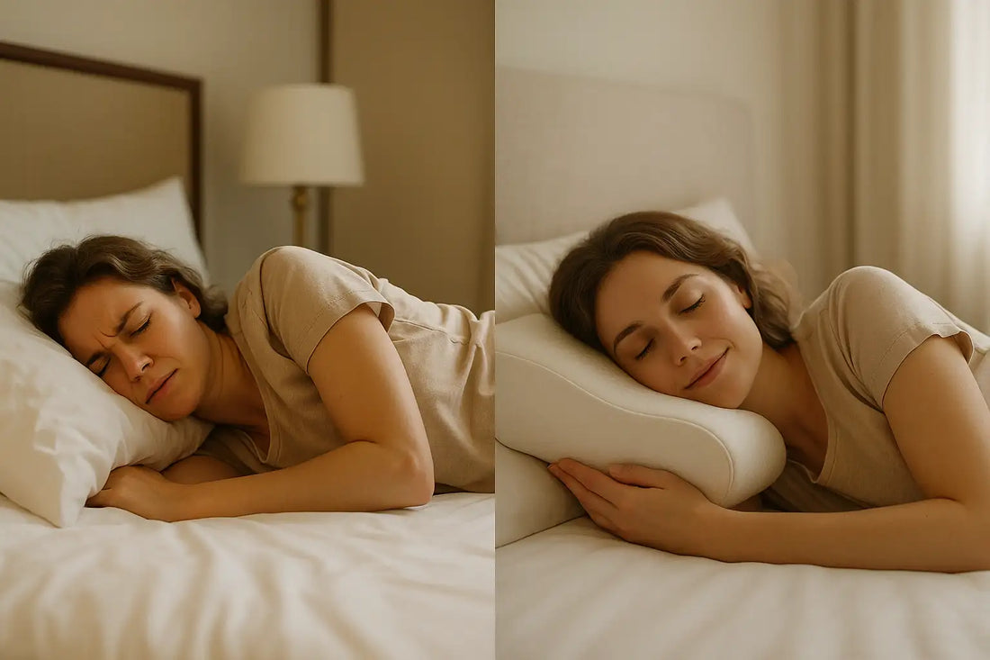 Idegen szállodai alvási környezet és saját ergonomikus párnával visszateremtett otthoni kényelem vizuális formában