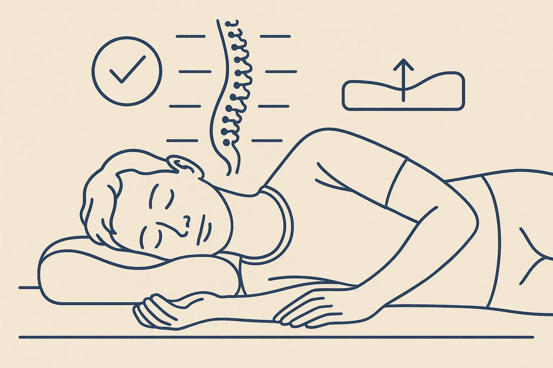 Összehasonlító kép hagyományos és ergonomikus párna között, kiemelve a gerinctámasz és nyaktámasz különbségeit.