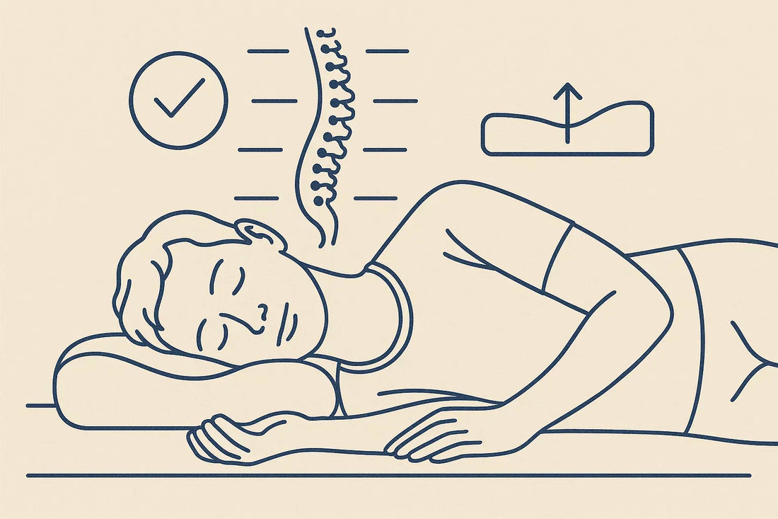Összehasonlító kép hagyományos és ergonomikus párna között, kiemelve a gerinctámasz és nyaktámasz különbségeit.