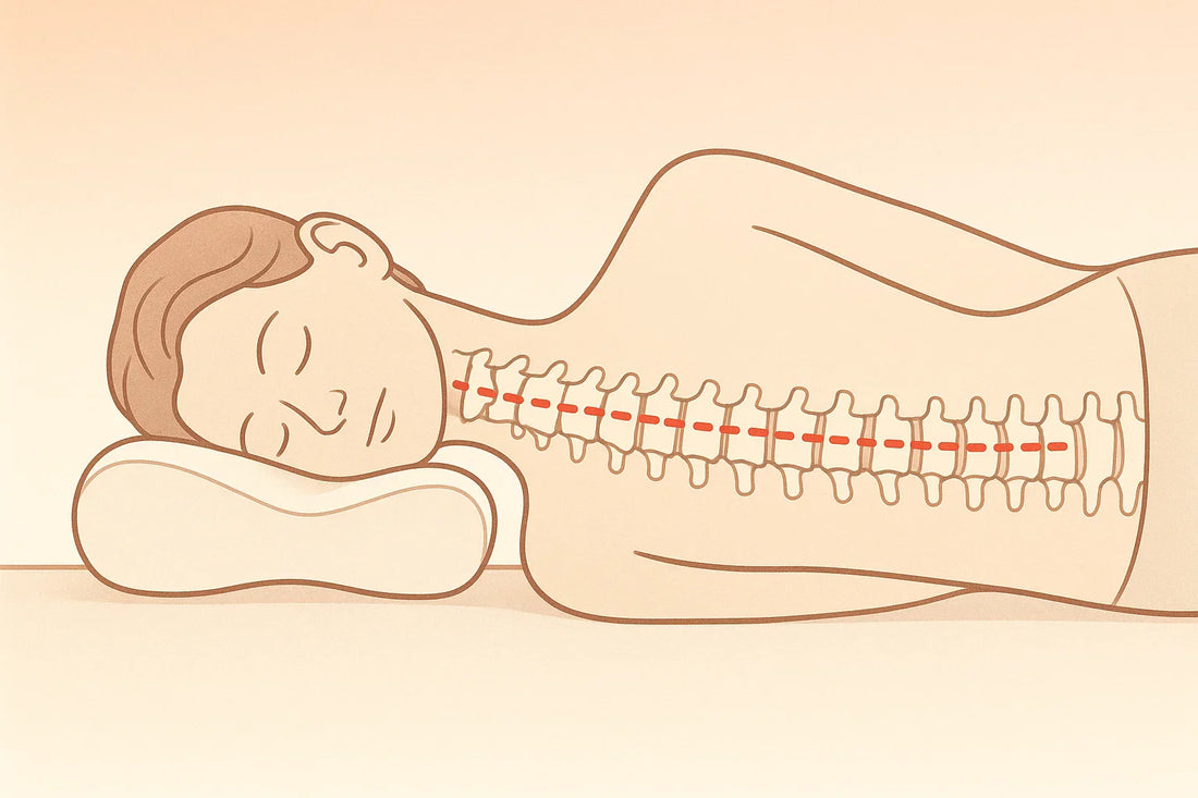 Illusztráció a gerinc megfelelő tartásáról ergonomikus párnán fekve, oldalnézetből.